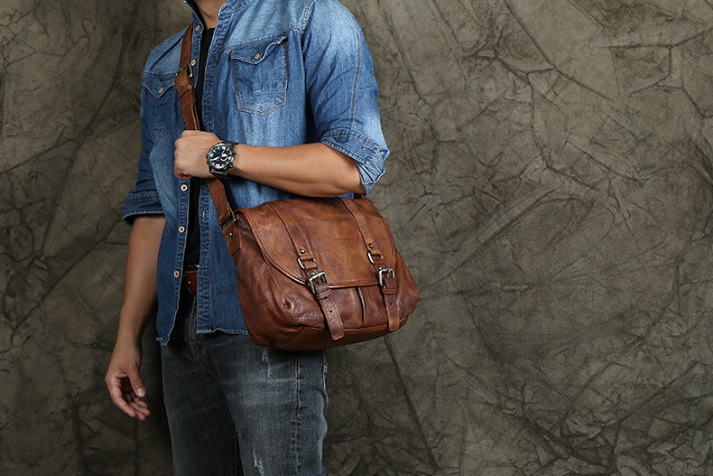 VINTAGE MESSENGER BAG ON SALE, FULL GRAIN LEATHER CROSSBODY BAG, CHIC BRIEFCASE FOR MEN NPJ48