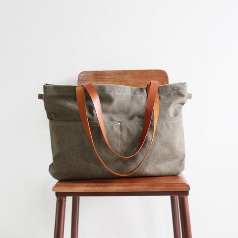 Canvas Weekender Tote Bag, Handmade Handbags, Army Green Waxed Diaper Bag, Durable Shopper Bag, Custom Monogram Bag Canvas Leather Daily Bag