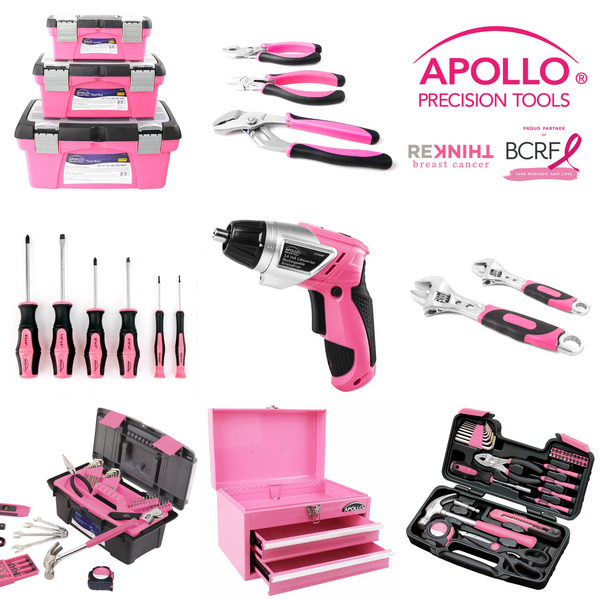 Apollo tools pink tool sets, pink toolkits, pink tools, pink drill donation to breast cancer