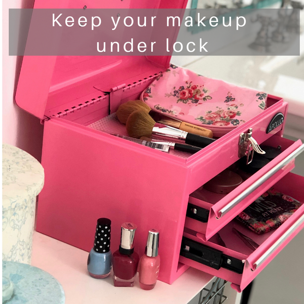 pink tool box, pink tool chest, pink craft storage, orignal pink tool box, pink drawers, retro tool box