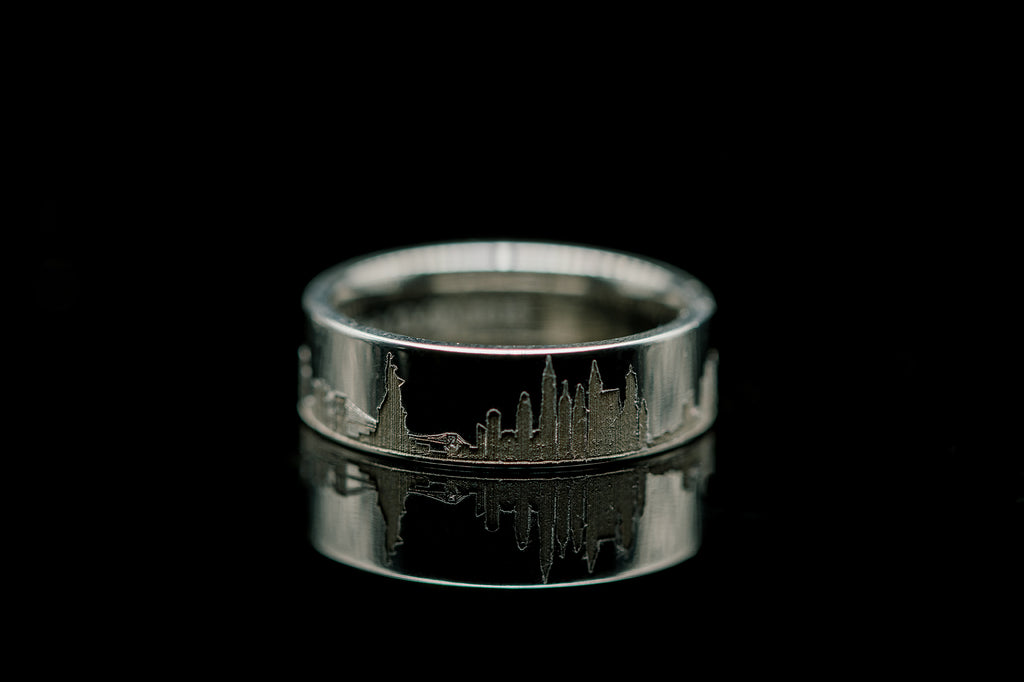 New york city skyline engraving wedding band