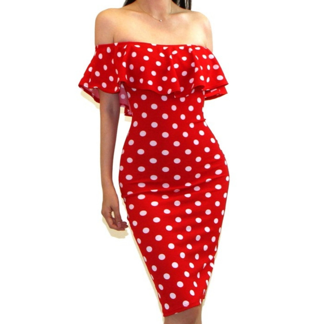 red and white polka dot midi dress