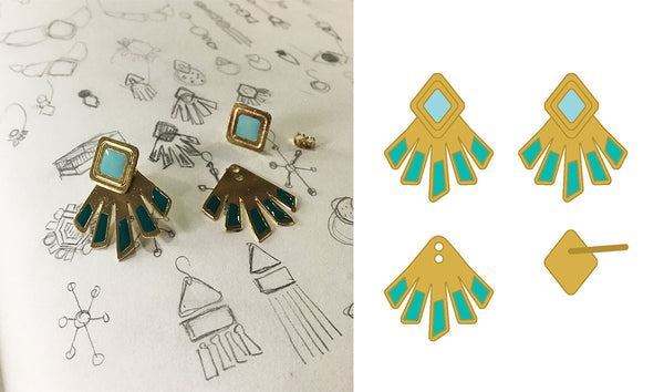 The Kizette earrings atop sketch designs of the jewelry.