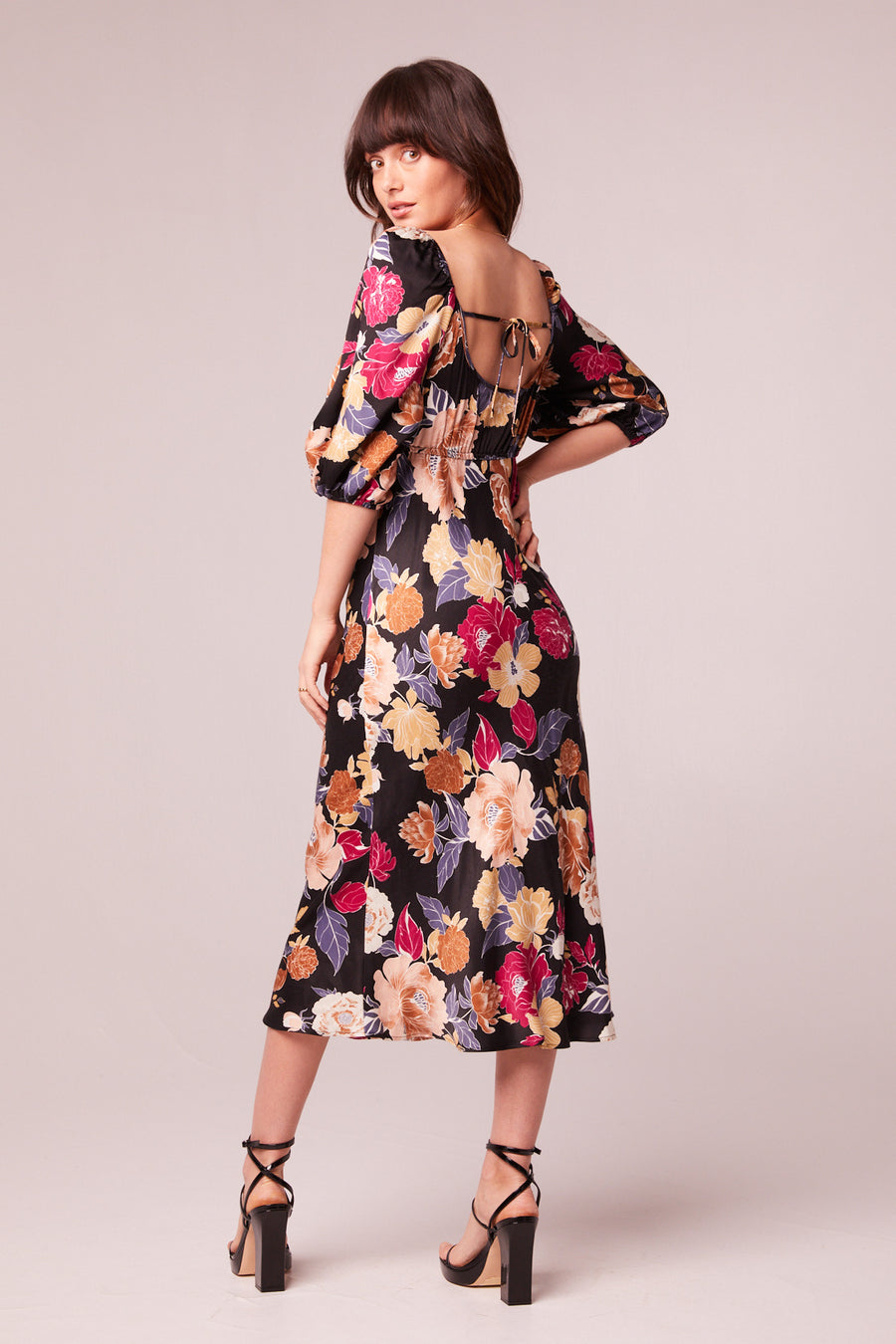 Astrid Black Floral Puff Sleeve Midi Dress