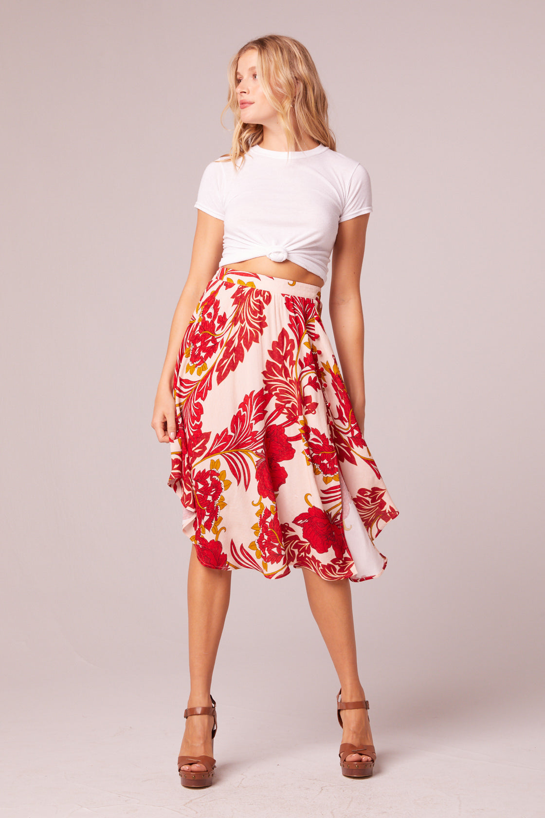 One Step Closer Red Floral Knee Length Skirt