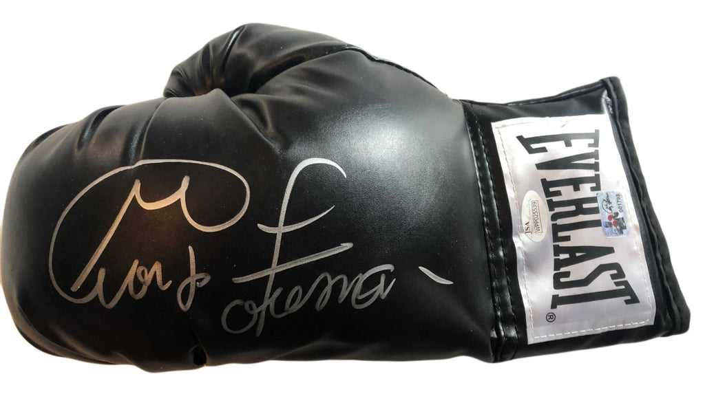 Autographed/Signed GEORGE FOREMAN Black Everlast Boxing Glove JSA COA Auto 