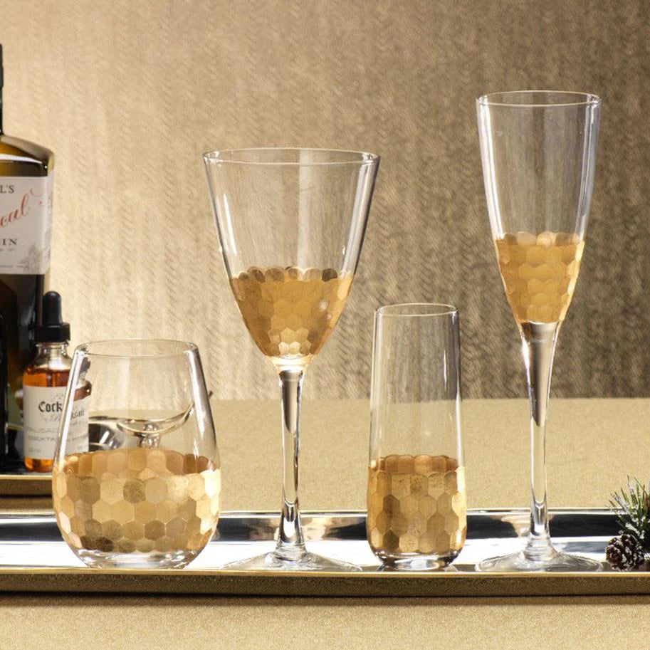 Cut Stemless Champagne Glass with Gold Leaf