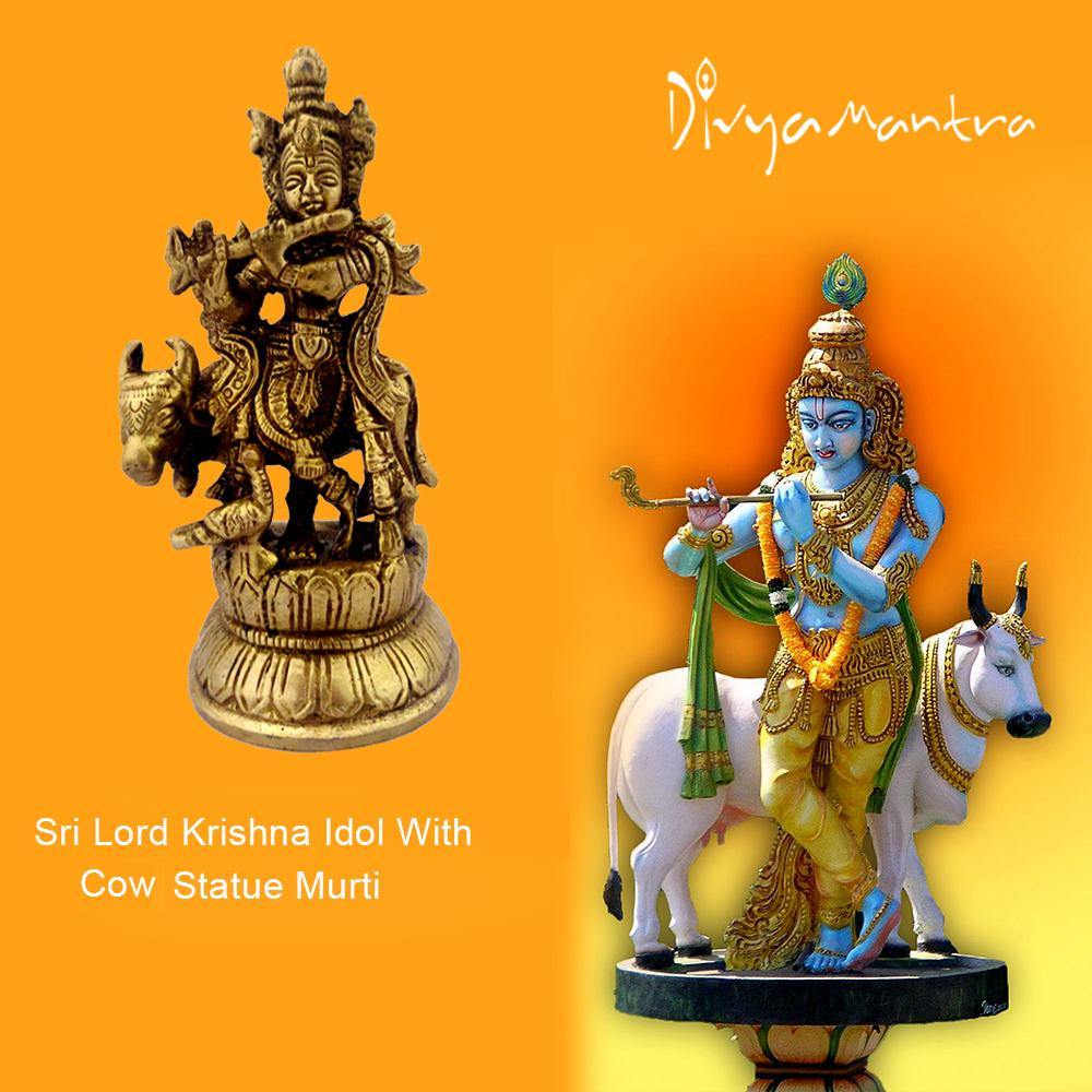 Decorative Sri Hindu Lord Krishna Idol With Cow Sculpture Statue Murti