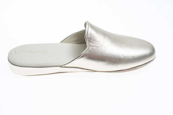 Linette of Line Loup - Pale pink leather indoor mules with smooth upper for  women