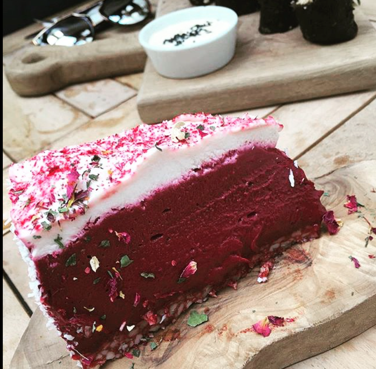 raw vegan red velvet cheesecake at Tanya's Cafe
