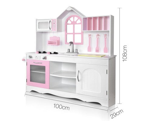 pink and white wooden play kitchen