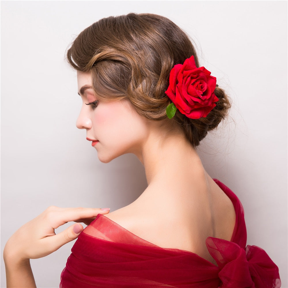 red rose flower hair clip