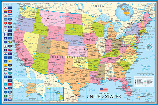 Map of The United States of America USA 24x36 Wall Poster - Eurographics
