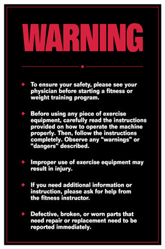 Fitness Center Safety "Warning" Professional Workout Wall Chart Poster - Fitnus