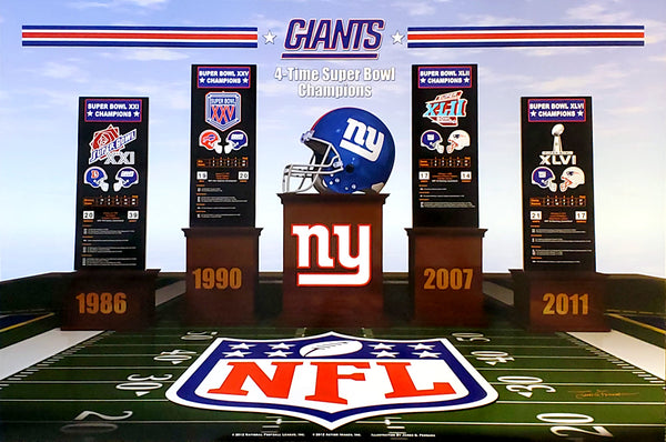 New York Giants "Four Podiums" Super Bowl Championship History Poster - Action Images