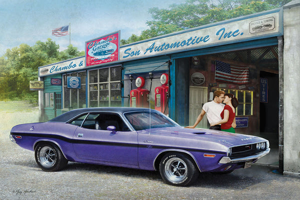Purple Dodge Challenger at Garage "American Dream" Poster by Greg Giordano - Eurographics