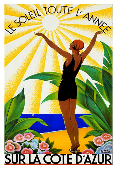 French Riviera (Cote d'Azur) Beach Life "Sun All Year" 1931 Vintage Poster Reprint - Clouets (France)