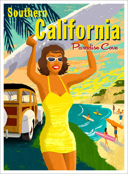 Surfing Paradise Cove Malibu California Beach Life Vintage-Style Poster by Michael Crampton - Eurographics
