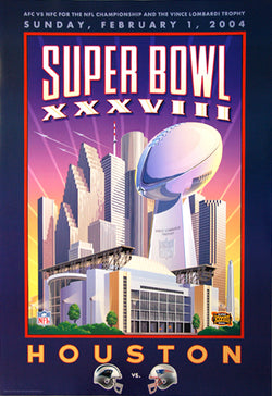Super Bowl XXXVIII (Houston 2004) Panthers vs. Patriots Official Theme Art Event Poster - Action Images
