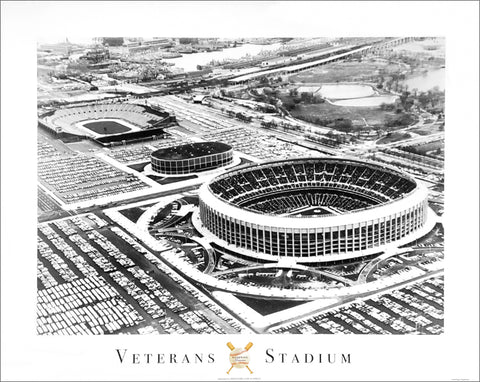 Veterans Stadium Black-and-White Aerial Classic c.1971 w/Spectrum and JFK Poster Print - Image Source