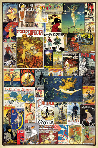 Vintage Art Deco Bicycle Posters Collage (40 Classics) Wall Poster - Eurographics