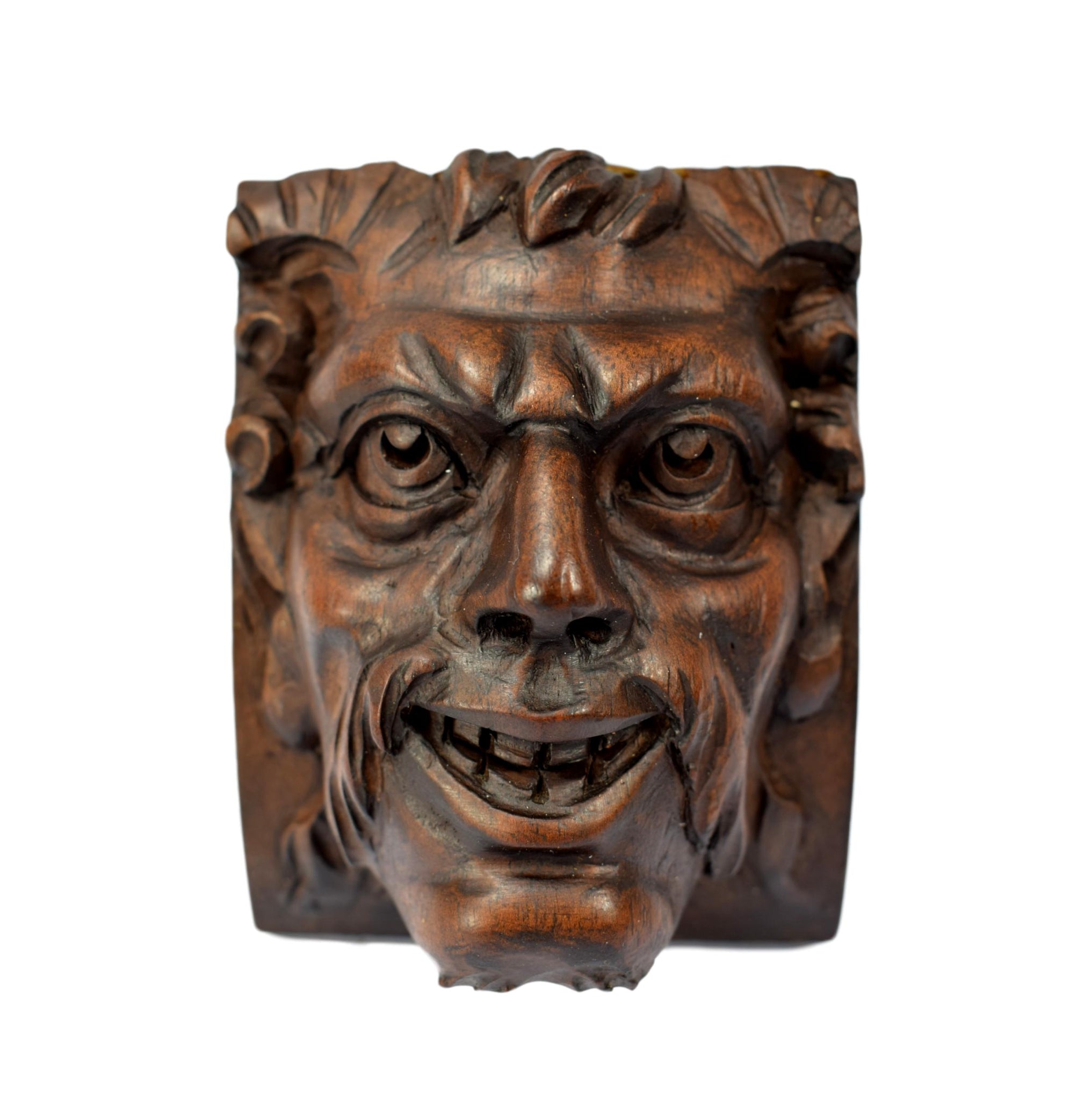 Antique Faun Devil Bacchus Wood Carving - Charmantiques