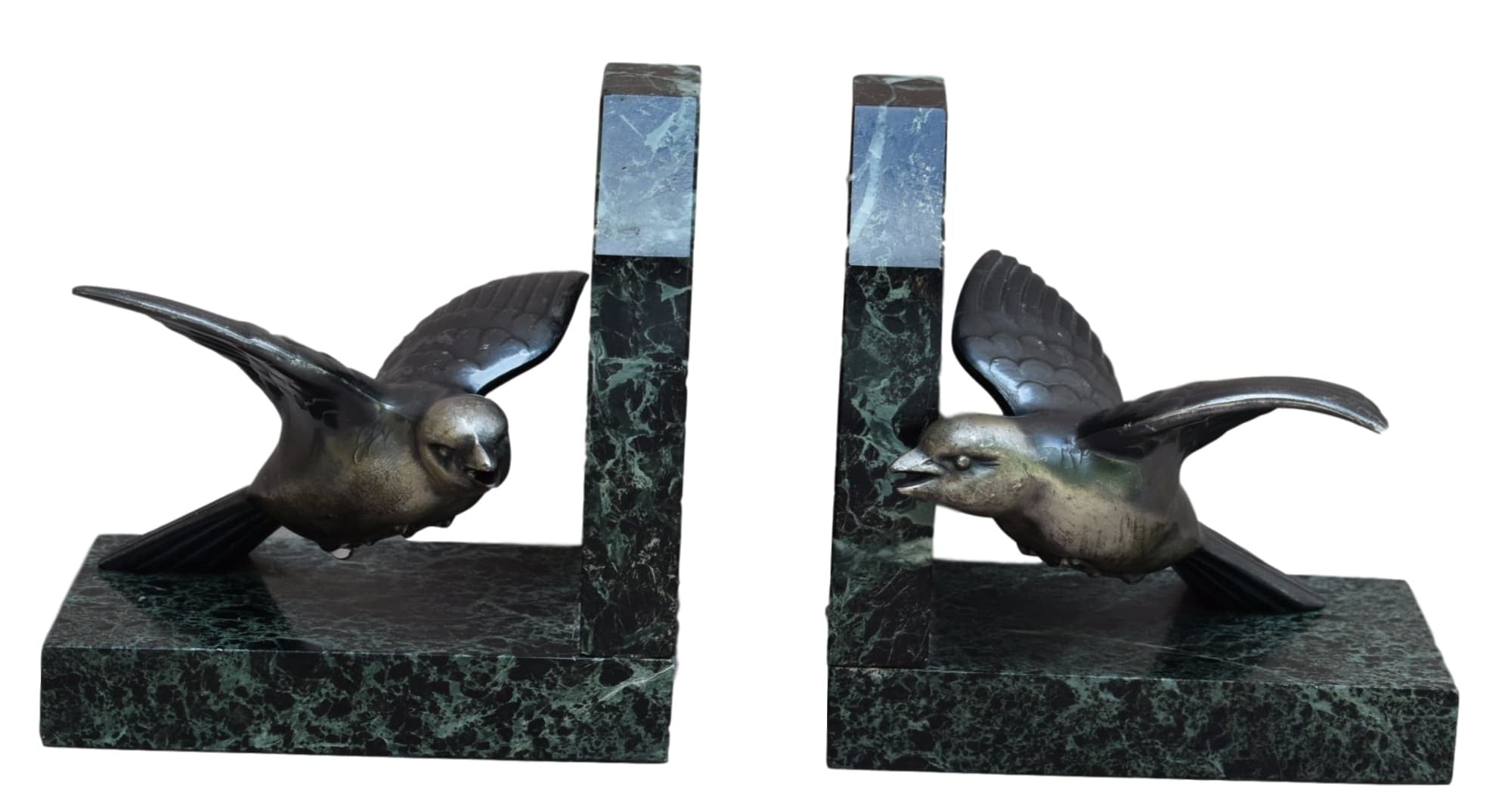 French Art Deco Pair of Silver and Marble Sparrow Bookends - Charmantiques