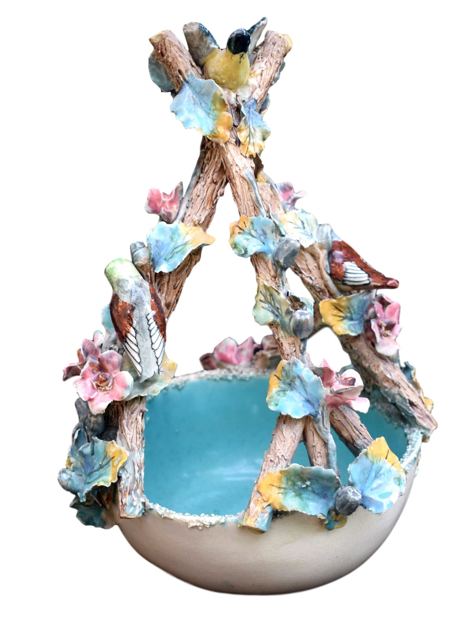French Rare 19th.C Majolica Flowers and Birds Basket - Charmantiques