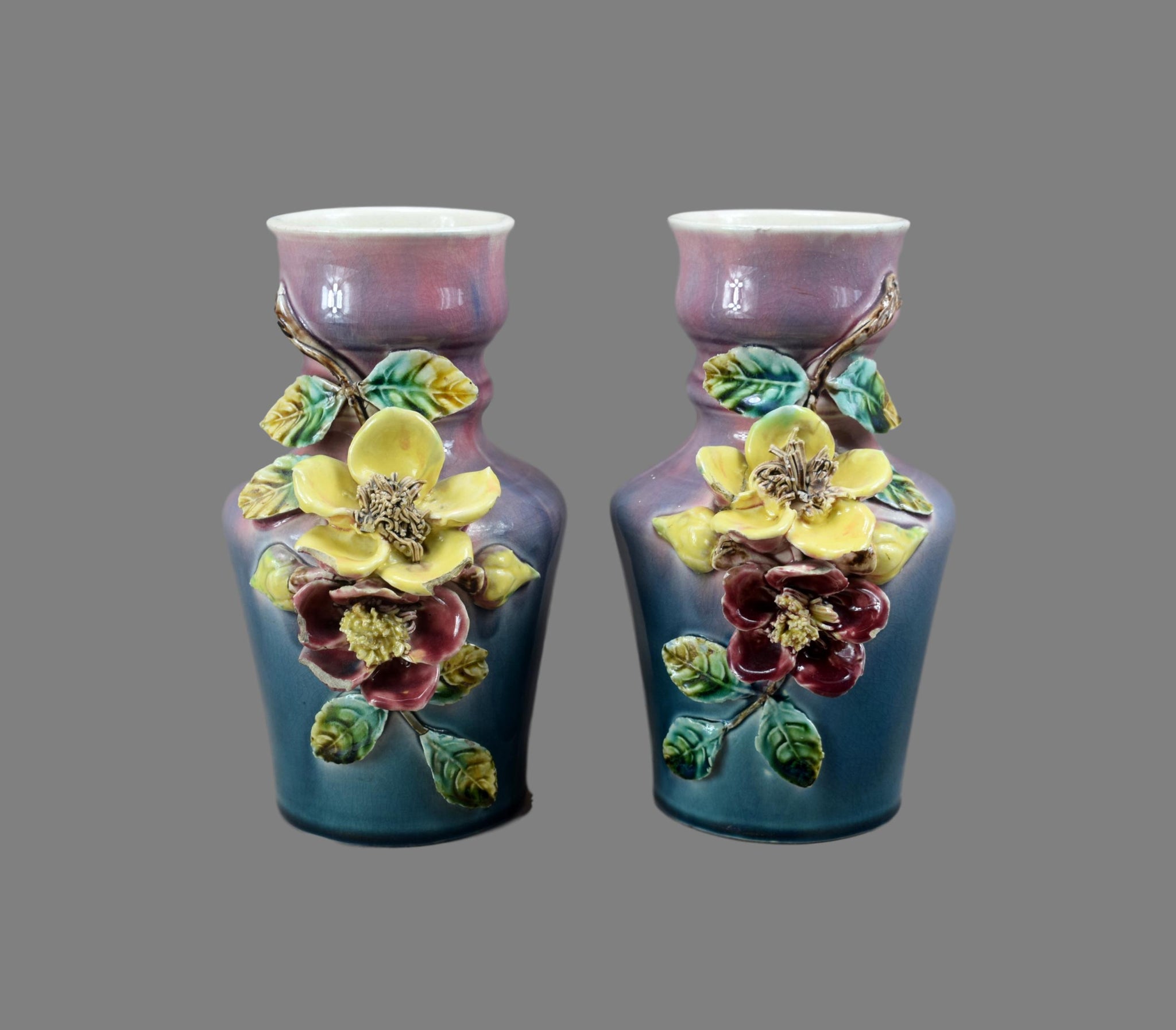 Pair Applied Barbotine Vases - Charmantiques