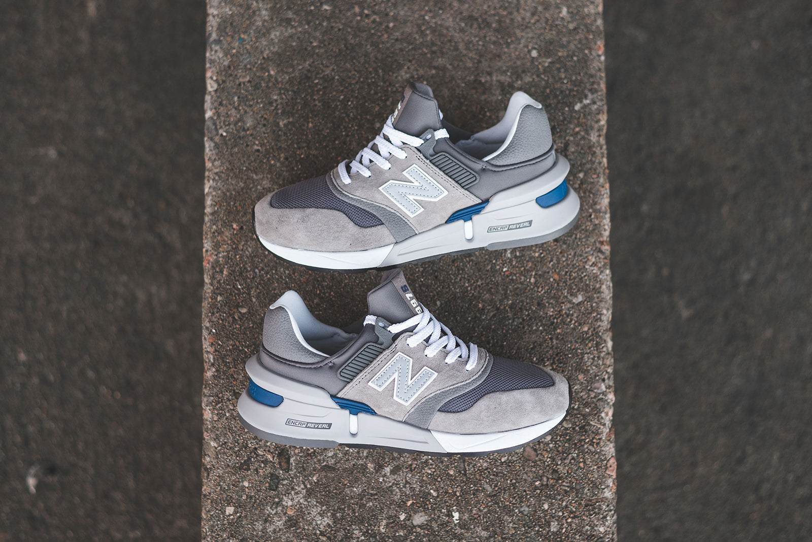 new balance 997 grey on feet