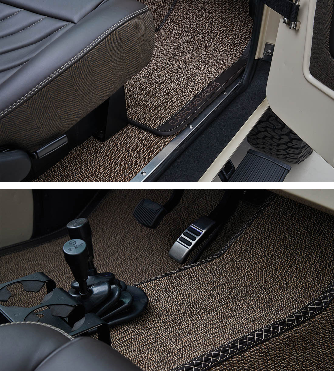 Classic Ford Broncos with Relicate German Square Weave Carpet Honey Brown