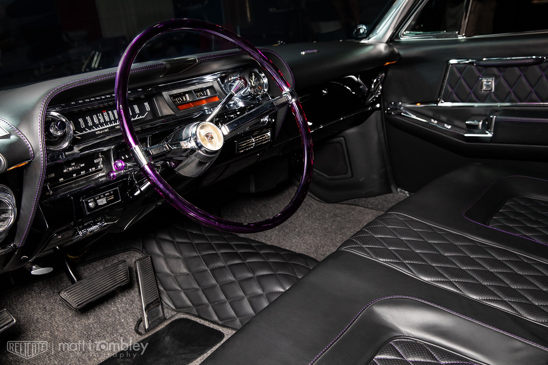 Relicate Leather Shine Speed Shop 1964 Cadillac Coupe "PsyCadellic" Leather Interior purple steering wheel