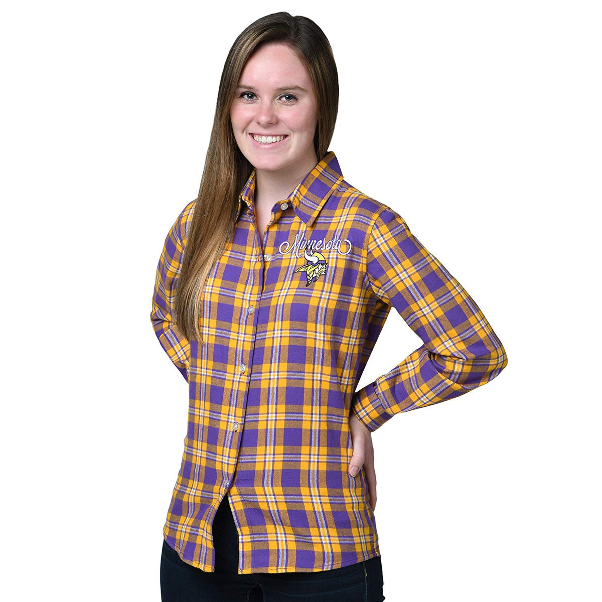 Women's Minnesota Vikings Antigua Purple/Gray Instinct Flannel Long Sleeve  Button-Up Shirt