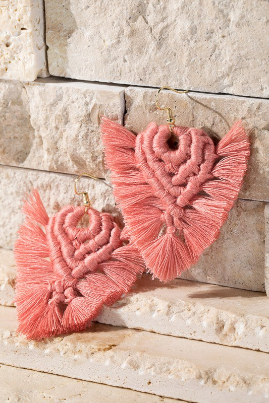 I'll Never Stop Macrame Tassel Earrings, Coral