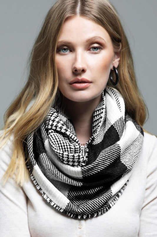 Reversible Checkered Print Infinity Scarf, Black White Mix