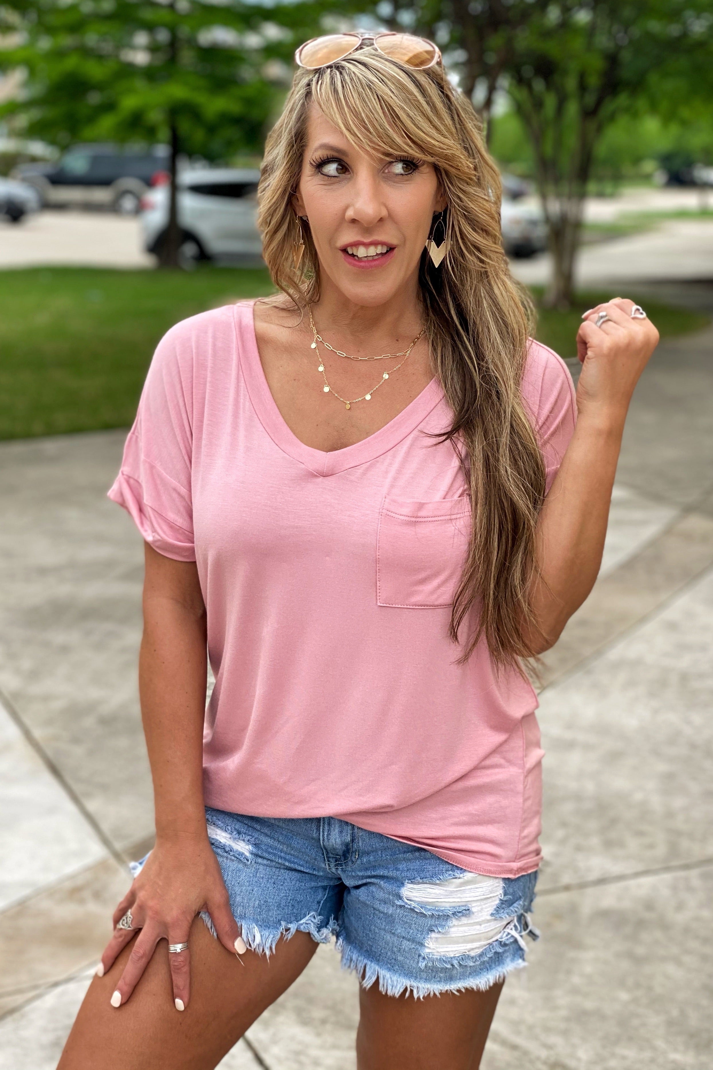 **final sale**All My Days V Neck Pocket Short Sleeve Boyfriend Tee, Pink