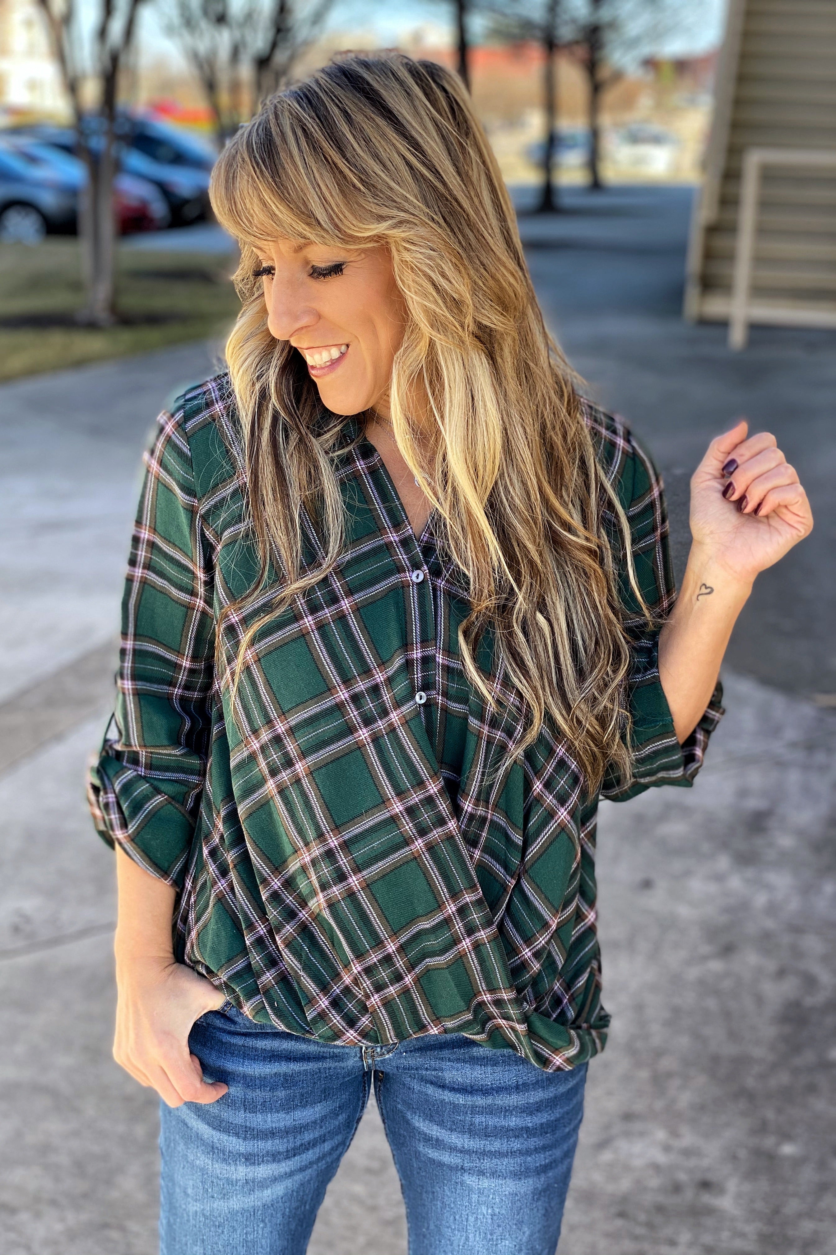 Roll Up Long Sleeve Woven Button Down Shirt With Front Twist Detail.