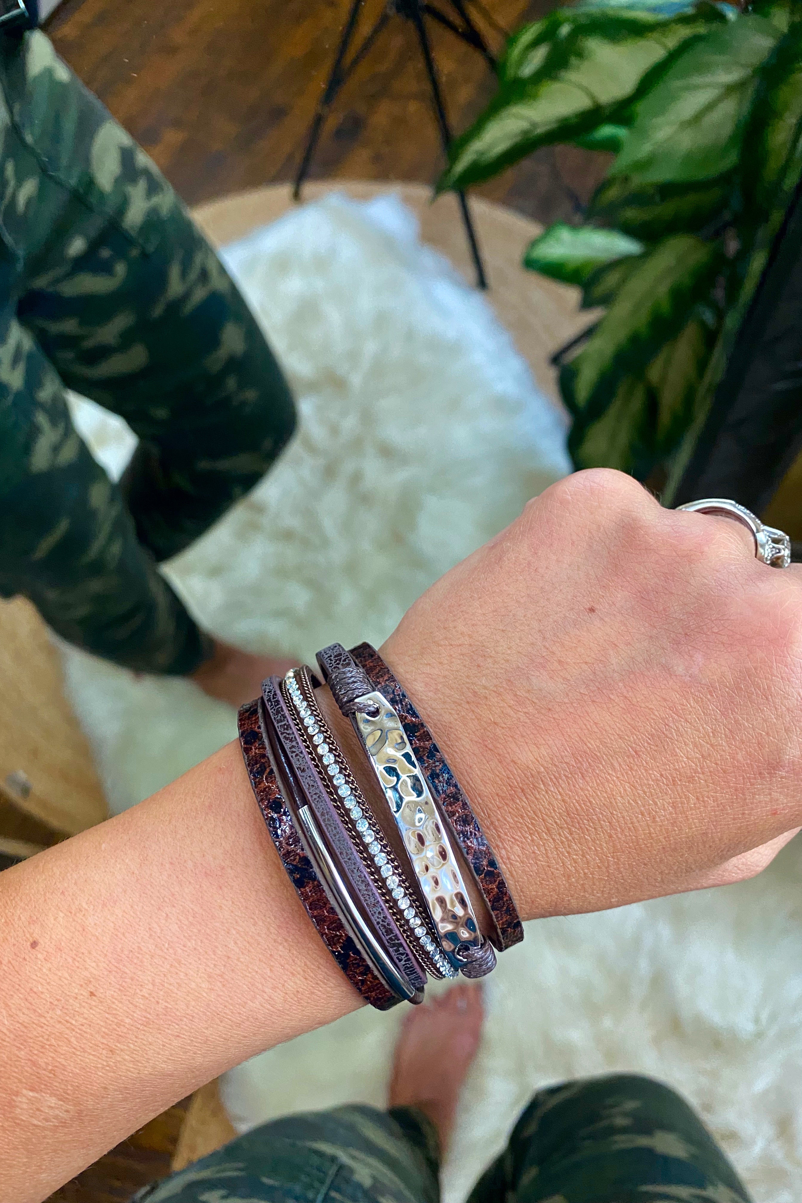 Animal Print Leather Bracelet with Magnetic Clasp, SILVER