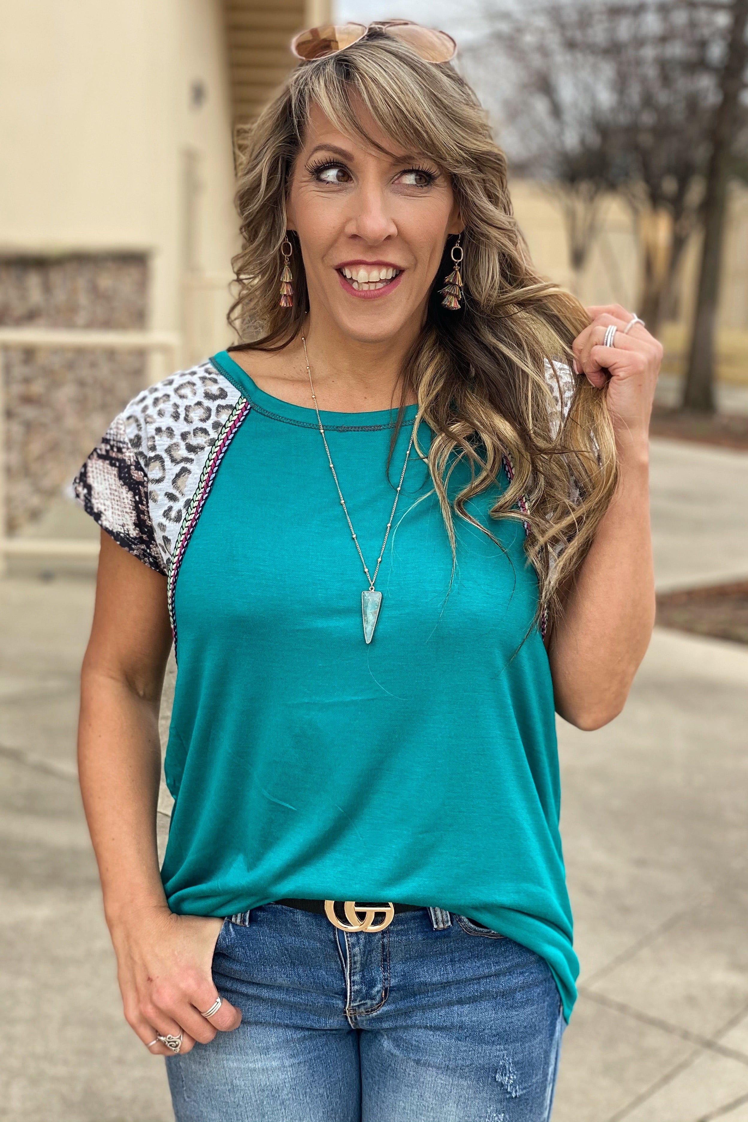 Let It Rain Short sleve Jersey Knit Top with Animal Print & Ribbon Trim Detail Shoulders, Jade