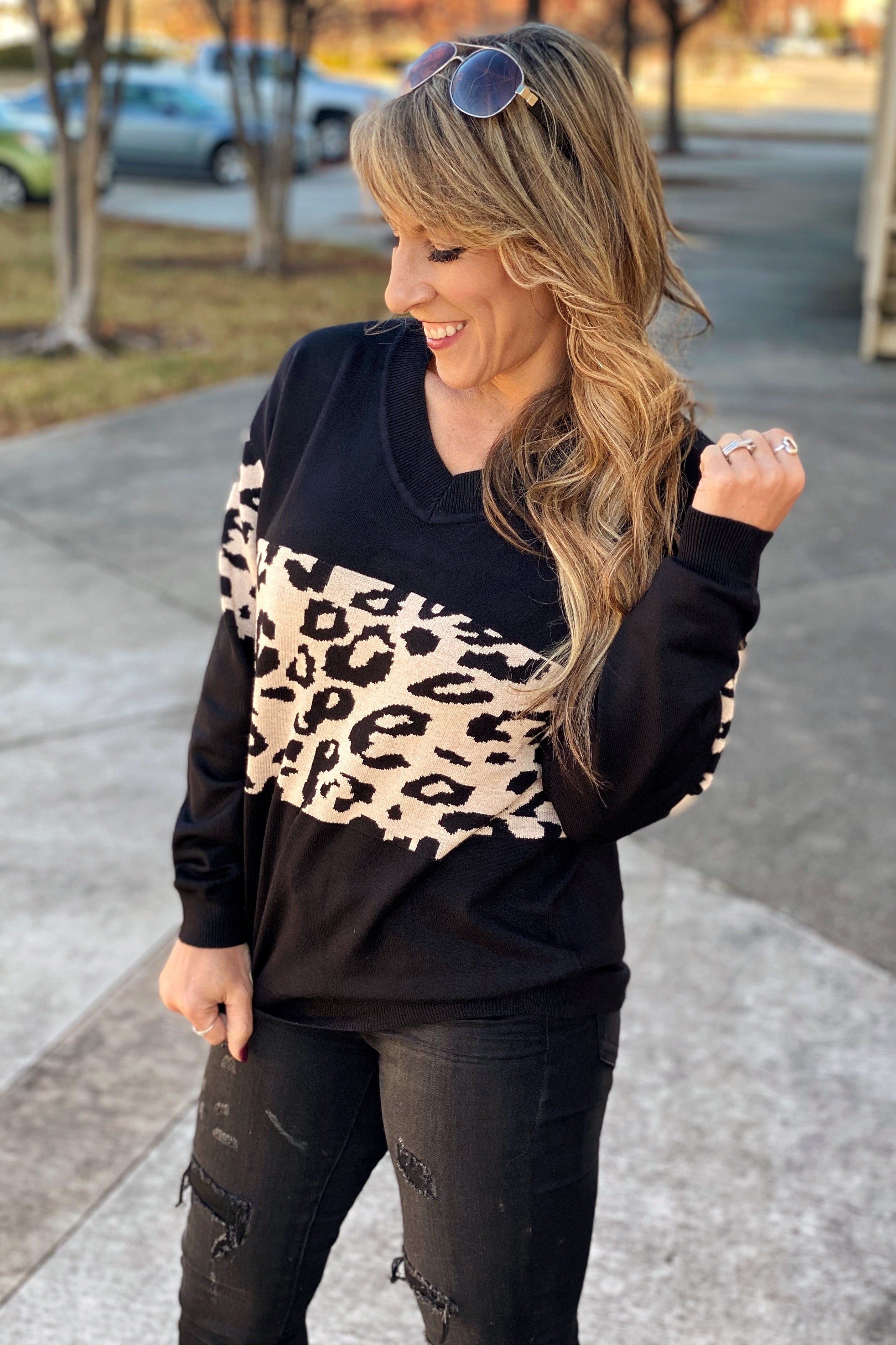 The Greatest V Neck Leopard Color Block Sweater, Black