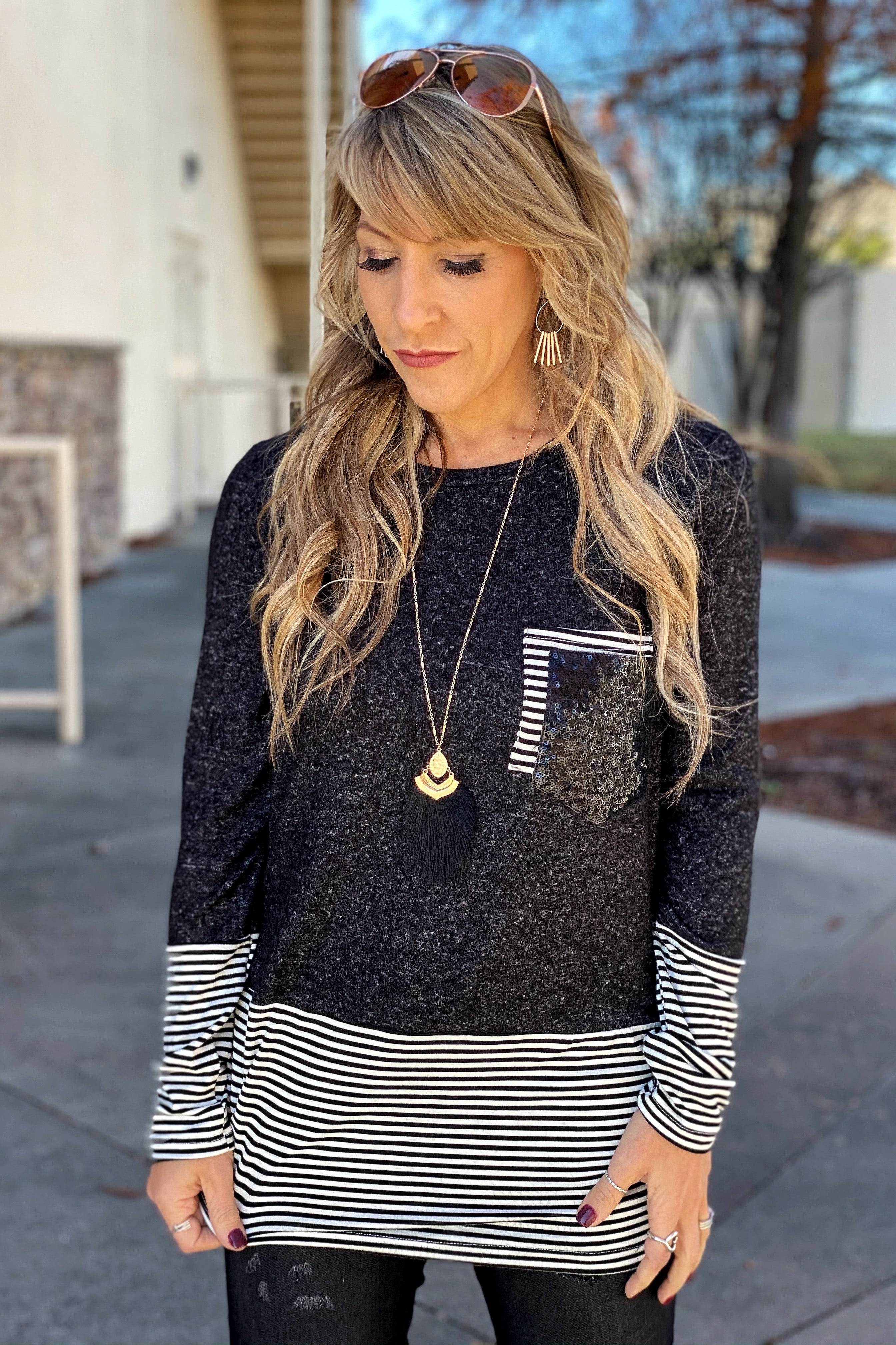 Speechless Color Block Long Sleeve Top with Striped & Glitter details