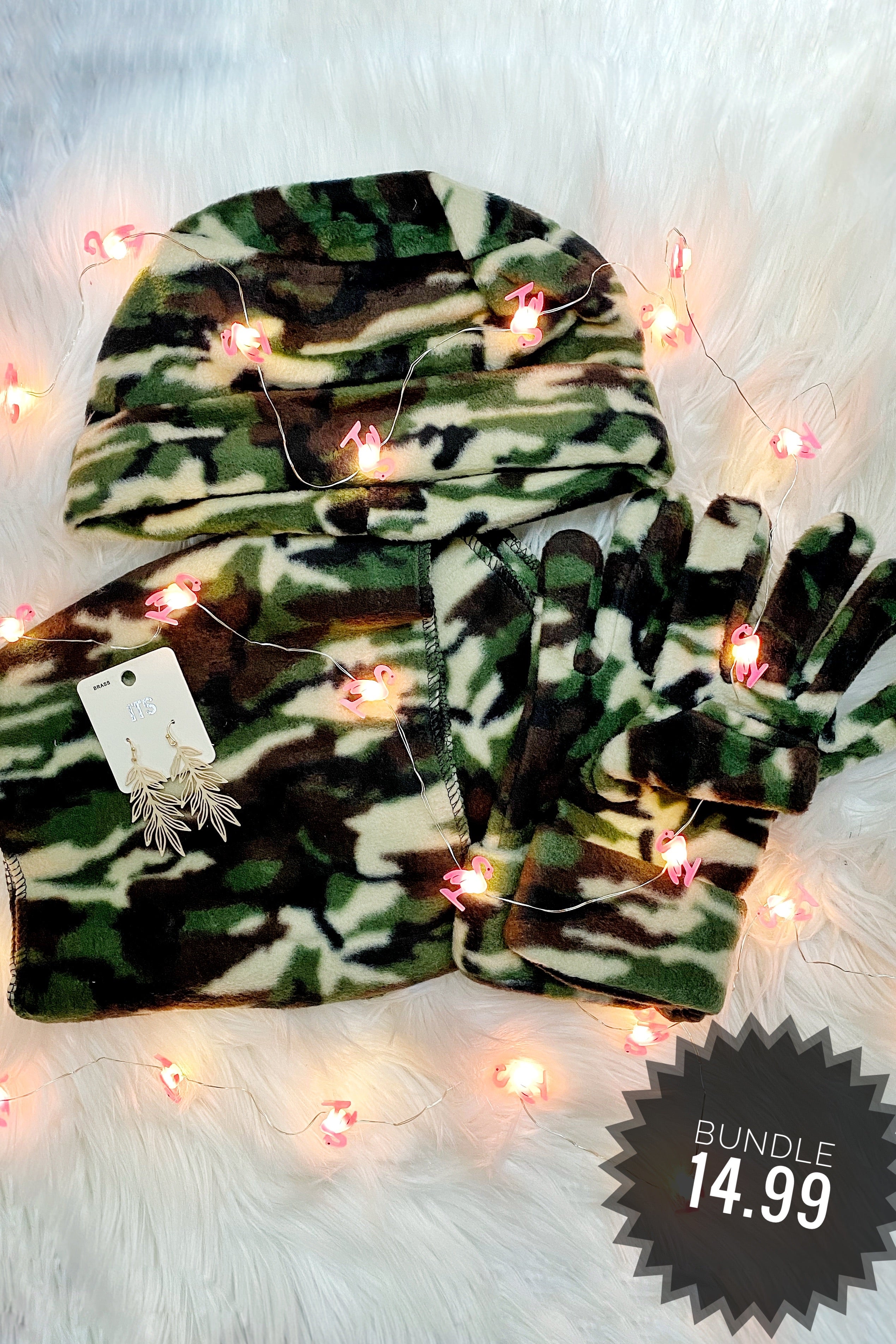 Camo Winter Scarf, Hat, Gloves & Earrring Bundle Set