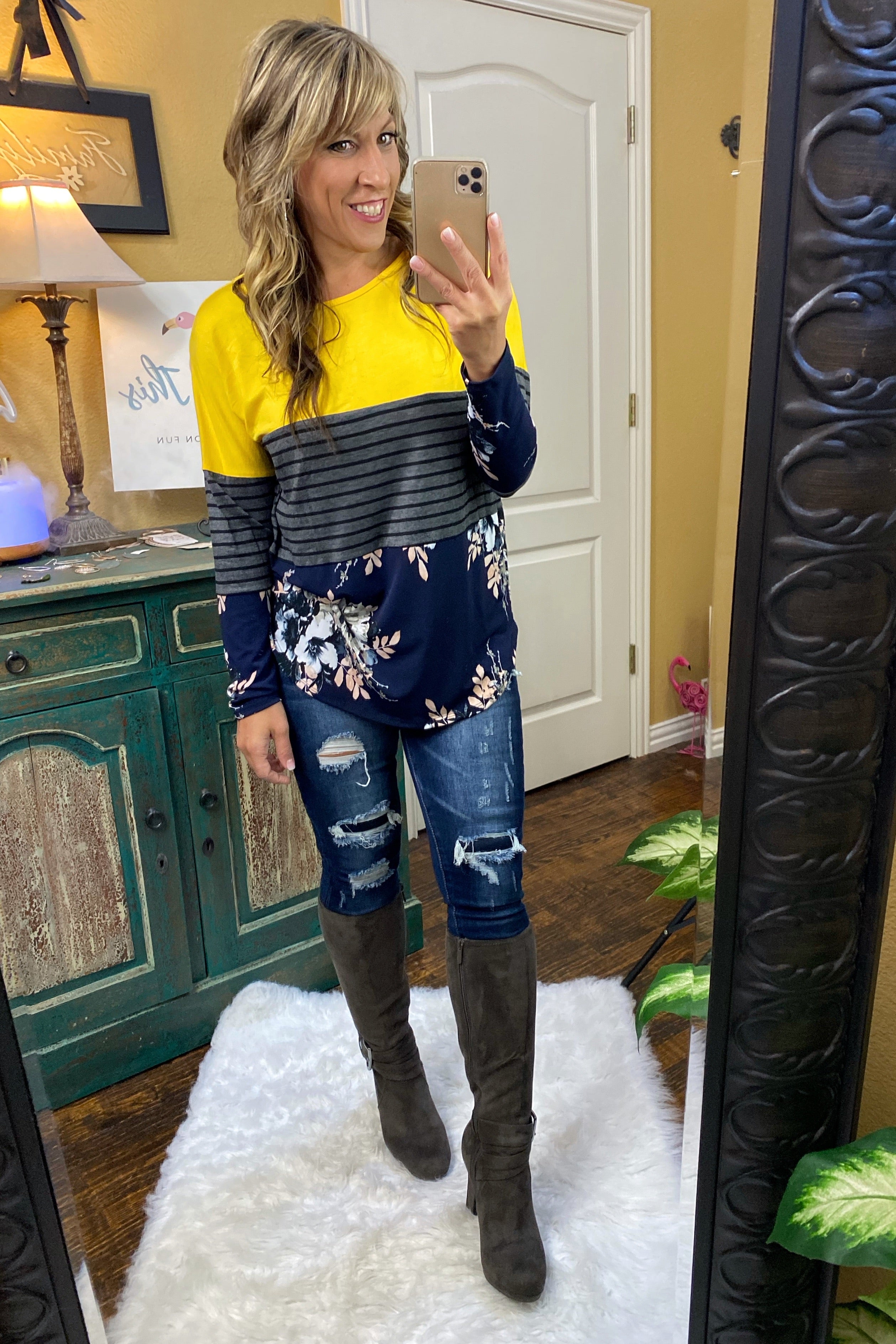 Floral Color Block Tunic with Rounded Hem & Long Sleeves