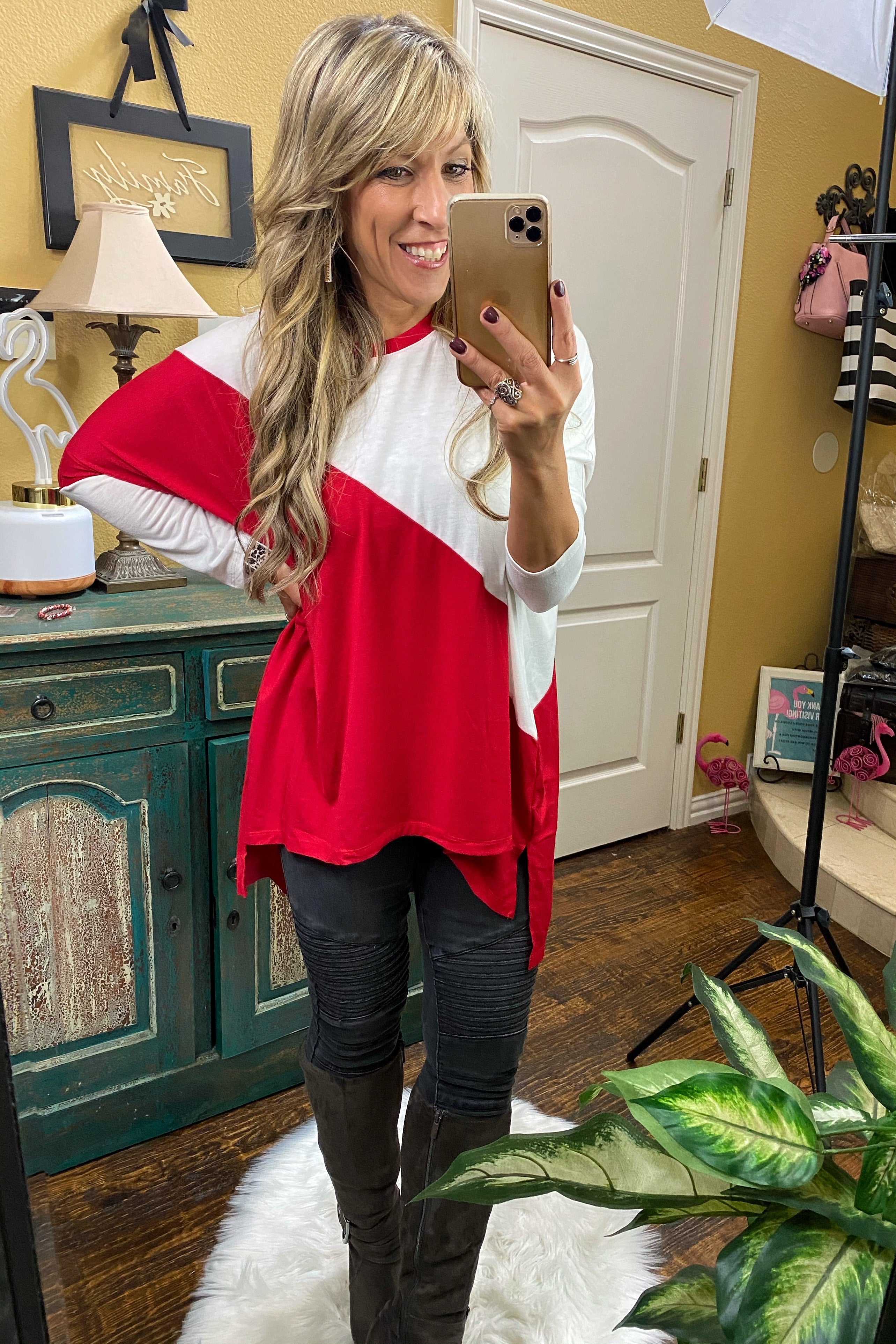 Blank Space Long Sleeve High Low Color Block Top with Side Slits, Crimson Red