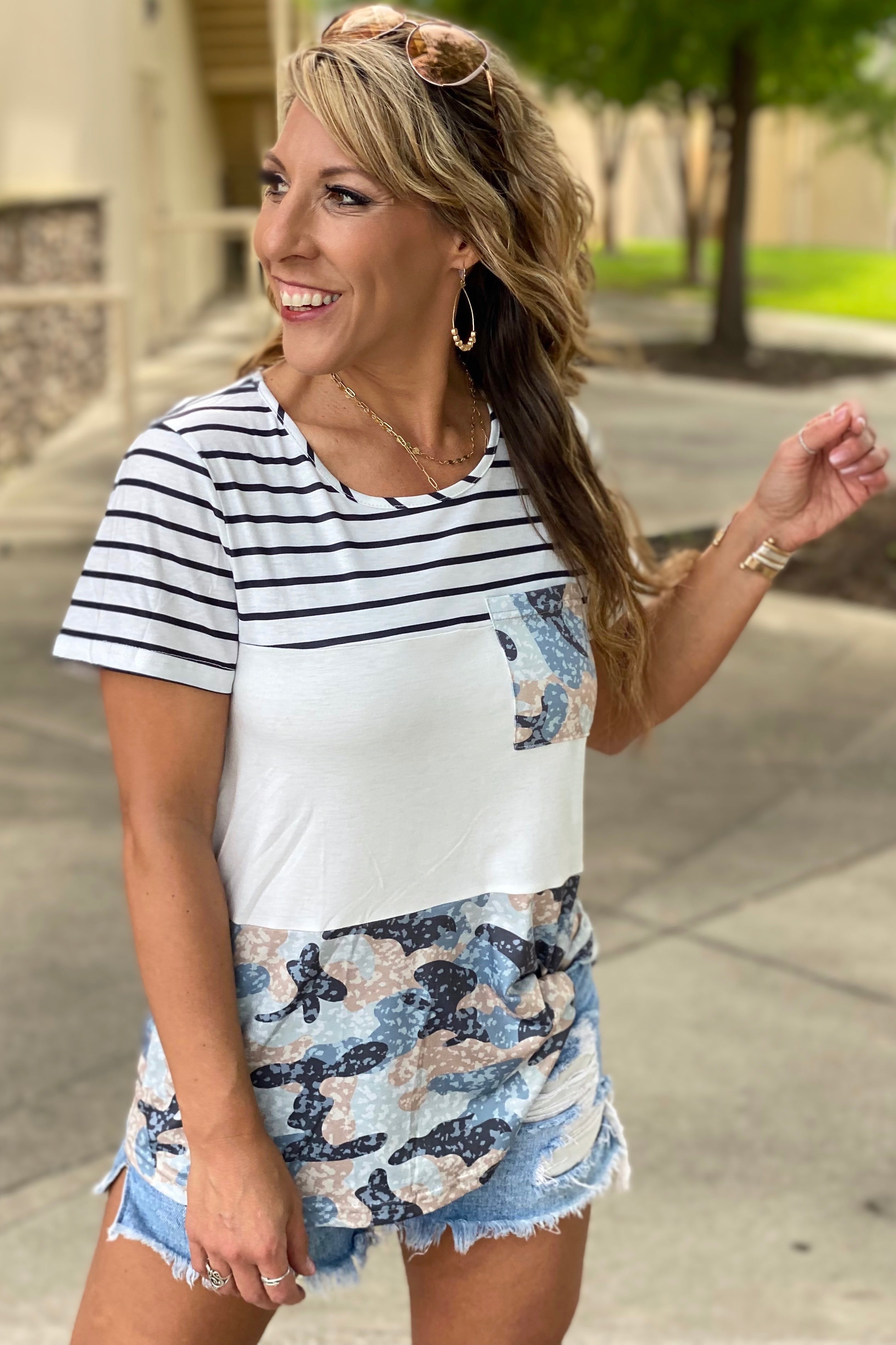 **final sale**Trust me Camo Color Block Top with Pocket Detail