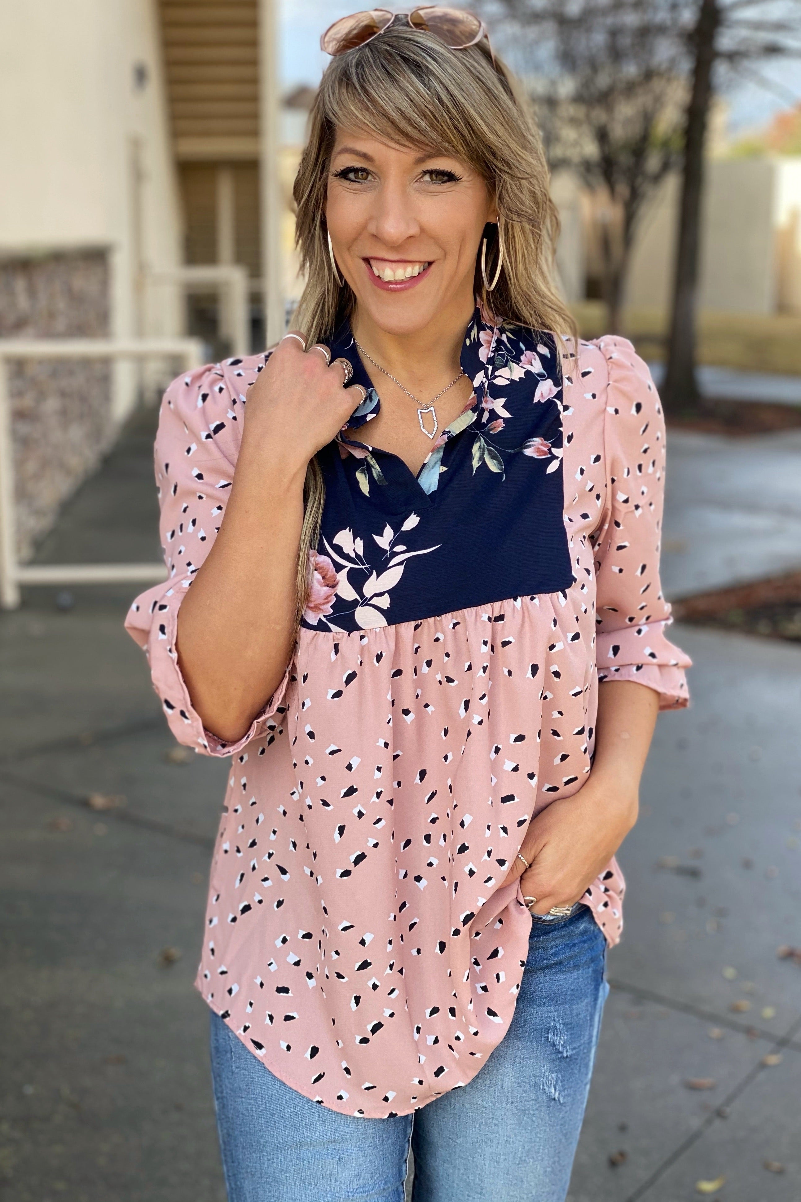 How Sweet It Is Woven Blouse Featuring Floral Yoke, China Collar, and Ruffle Sleeves