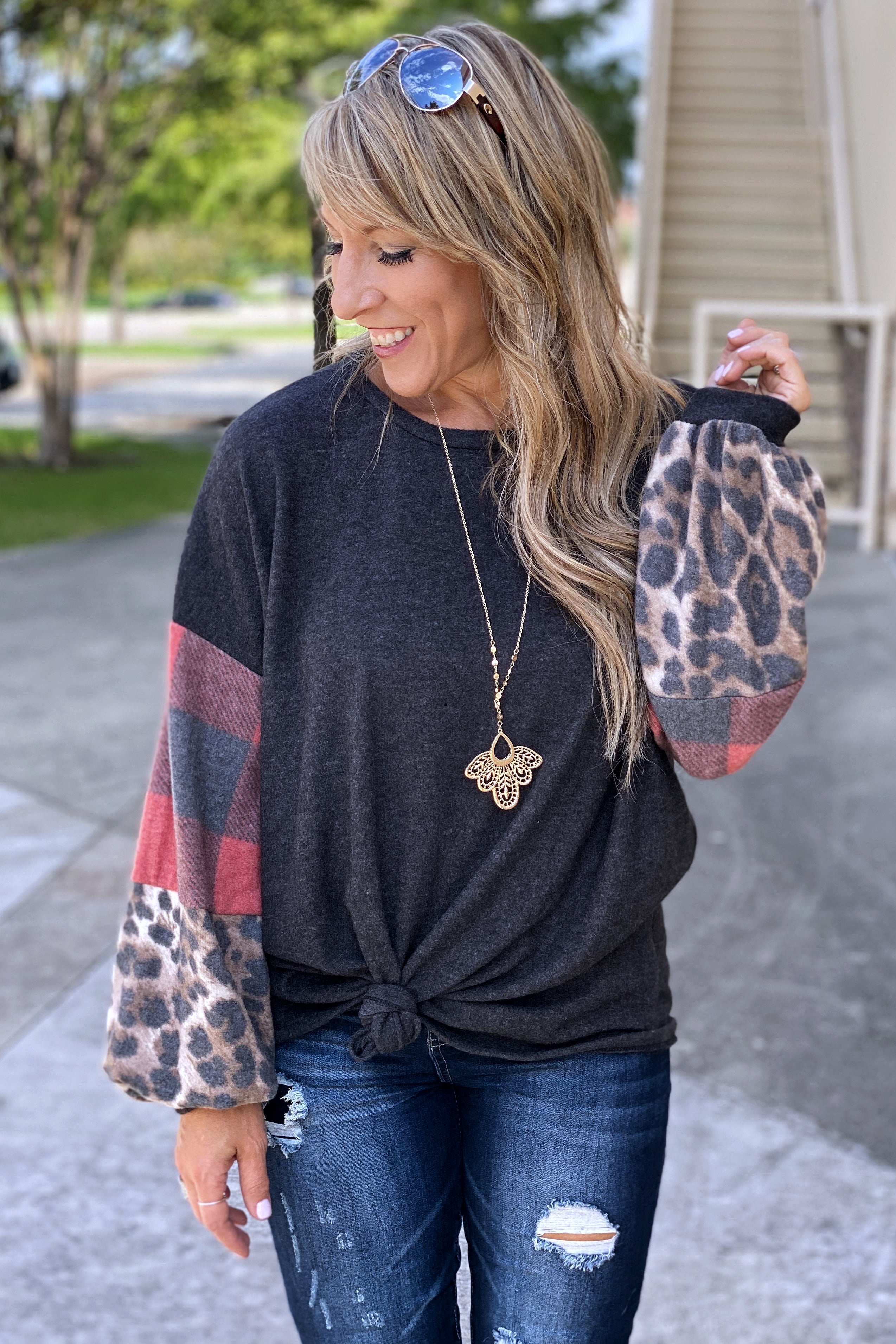 Easy Lover Color Block Bubble Sleeve Top with Plaid & Animal Print Details