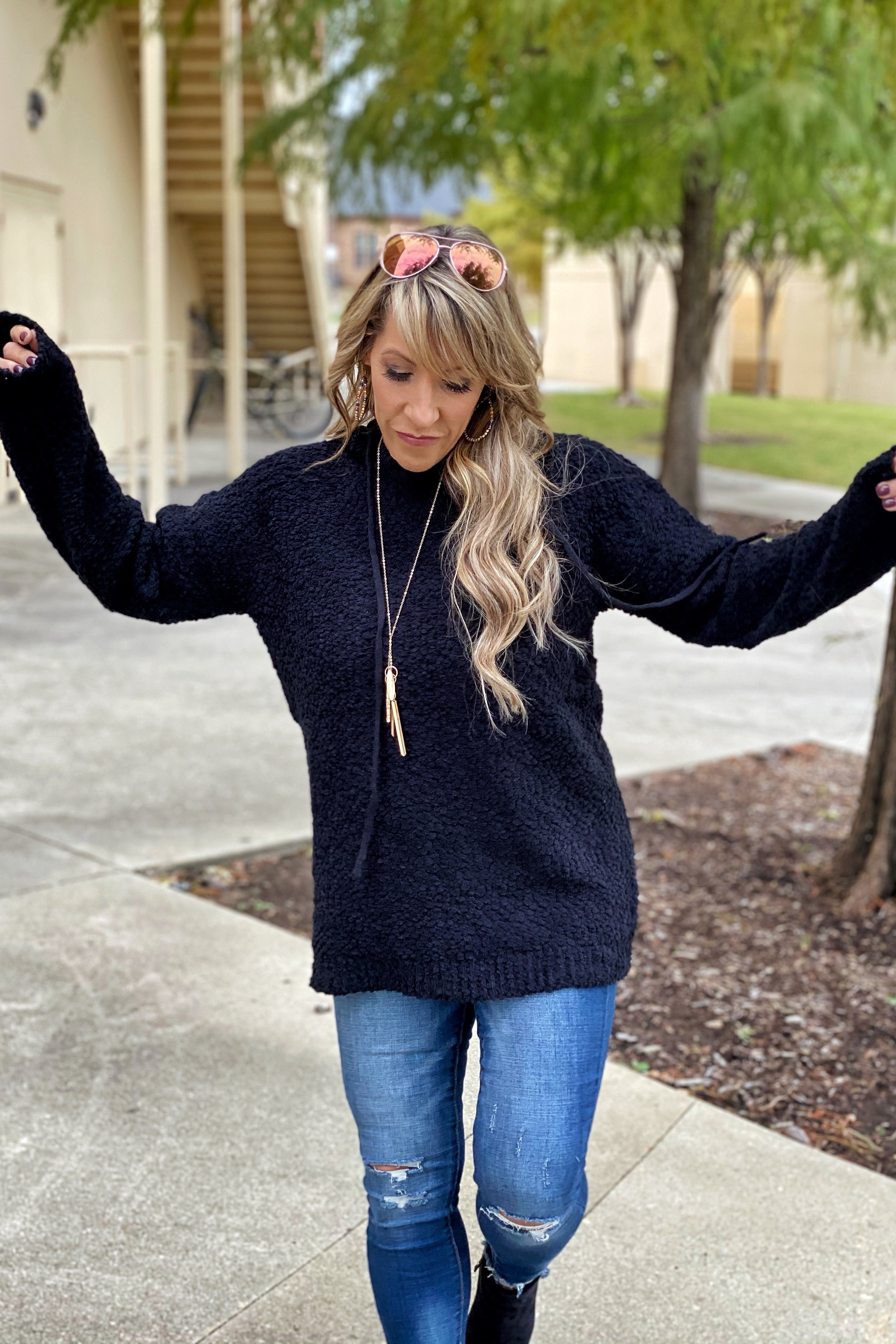 Last Friday Night Long Sleeve Chunky Popcorn Knit Sweater / Hoodie, Black