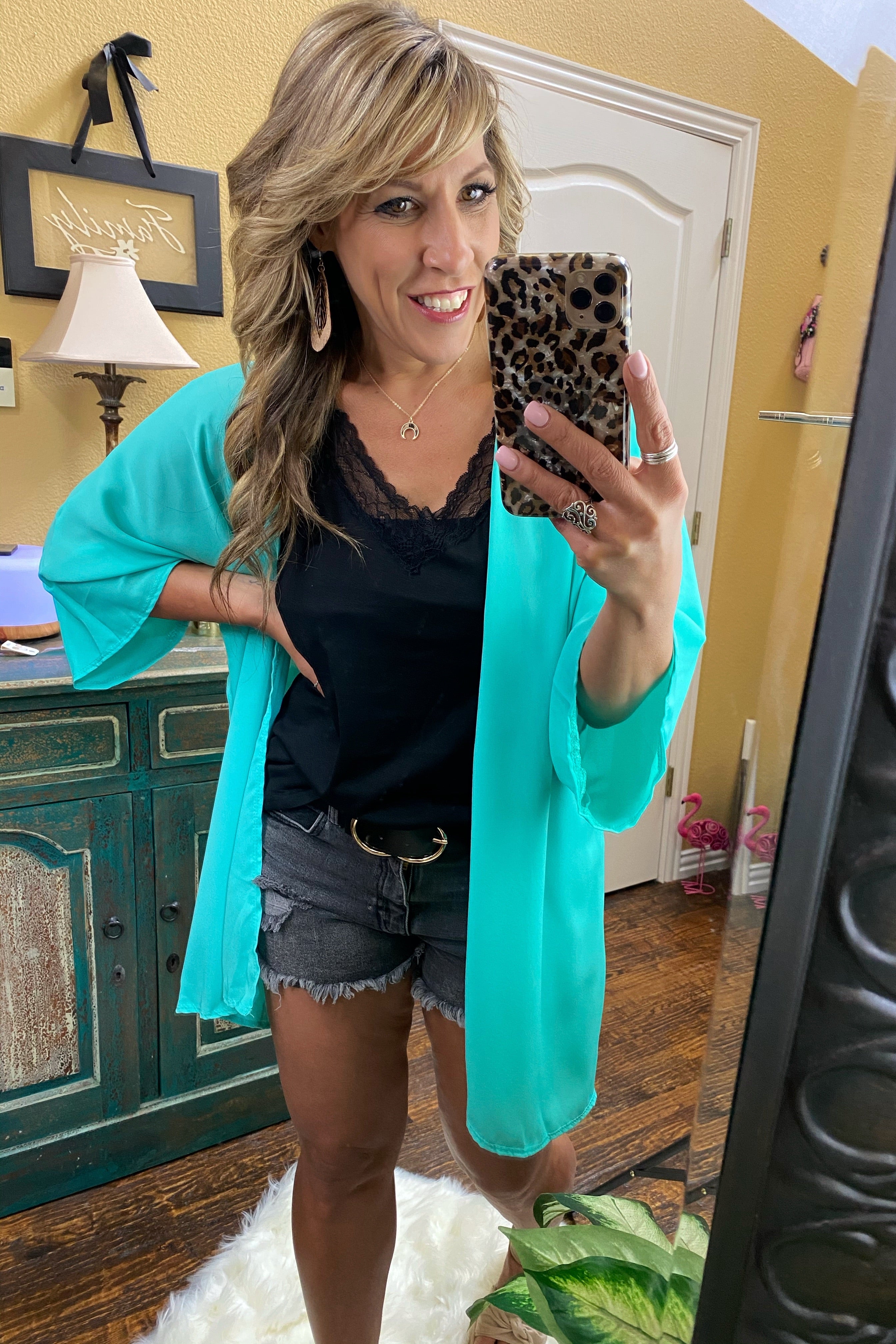We're Good Three Quarter Sleeve Solid Kimono Cardigan with No pockets, Neon Jade