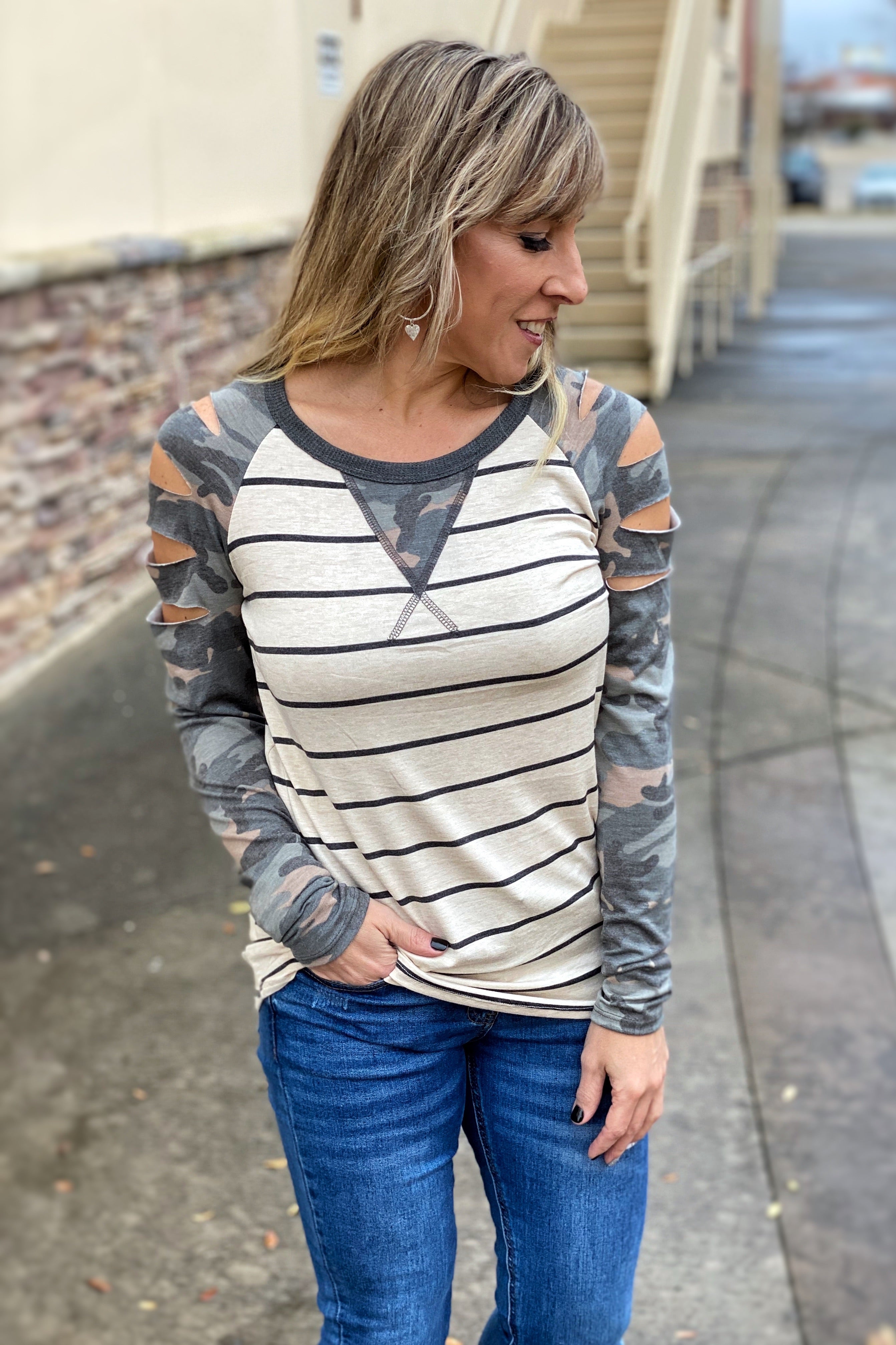 Beyond The End Striped Raglan Long Sleeve Top with Camo Split Sleeves, Oatmeal